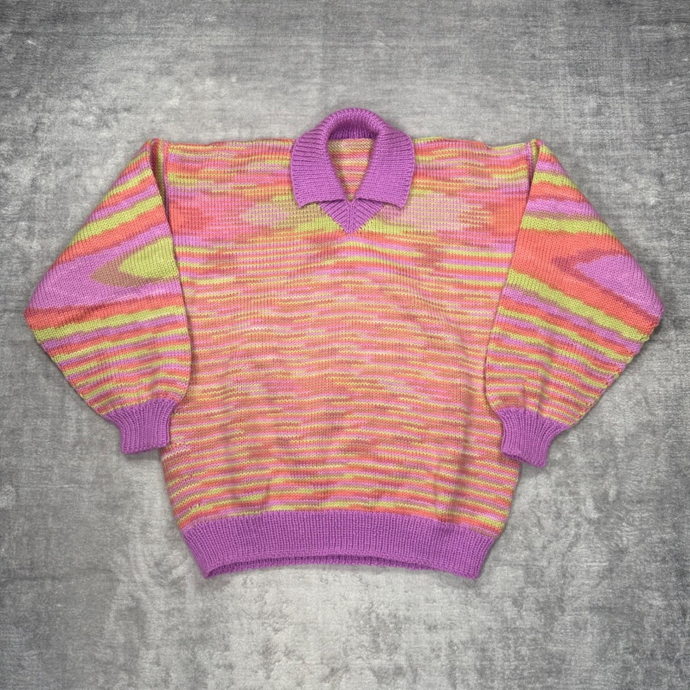 Vintage Handknit Sweater Women Large MultiColor 80s Space Dye Polo Collar Cozy